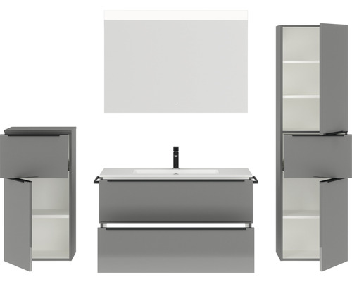 Modernes Badezimmerset mit Waschbeckenunterschrank, Waschbecken, Spiegelschrank und zwei Hochschränken