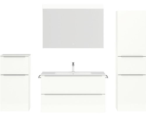 Set de meubles de salle de bains NOBILIA Programm 1 lxhxp 210 x 169,1 x 48,7 cm couleur de façade blanc haut brillance avec vasque pour meuble blanc et miroir avec éclairage LED armoire midi meuble bas barre de prise chrome mat 106