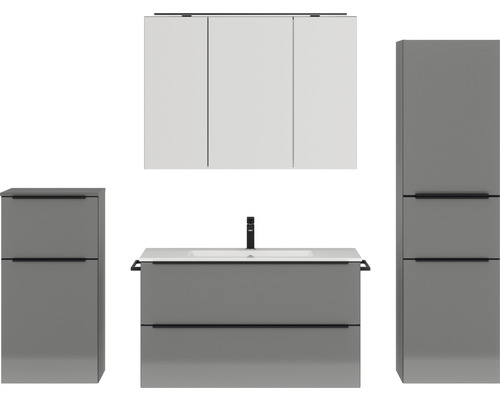 Set de meubles de salle de bains NOBILIA Programm 1 lxhxp 210 x 169,1 x 48,7 cm couleur de façade gris haute brillance avec vasque pour meuble et armoire de toilette à 3 portes avec éclairage LED meuble bas armoire midi barre de prise noir 117