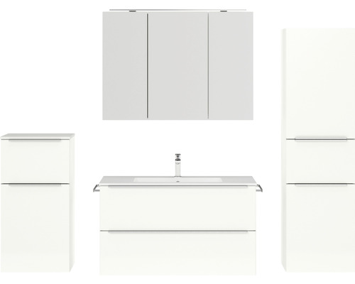 Set de meubles de salle de bains NOBILIA Programm 1 lxhxp 210 x 169,1 x 48,7 cm couleur de façade blanc haute brillance avec meuble à vasque et armoire de toilette à 3 portes avec éclairage LED meuble bas armoire midi barre de prise chrome mat 114