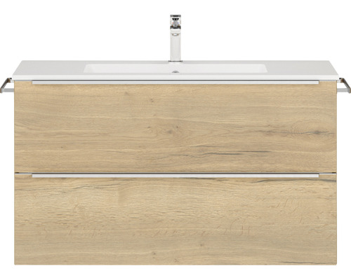 Set de meubles de salle de bains NOBILIA Programm 1 lxhxp 101 x 59,1 x 48,7 cm couleur de façade chêne naturel avec meuble à vasque blanc barre de prise chrome mat 086