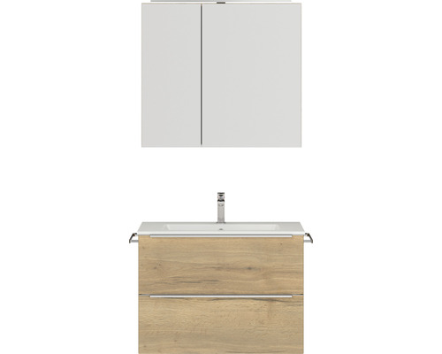 Set de meubles de salle de bains NOBILIA Programm 1 lxhxp 81 x 169,1 x 48,7 cm couleur de façade chêne naturel avec vasque pour meuble et armoire de toilette à 2 porte avec éclairage LED barre de prise chrome mat 062