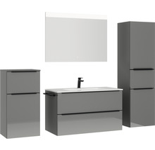 Badmöbel-Set NOBILIA Programm 1 BxHxT 210 x 169,1 x 48,7 cm Frontfarbe grau hochglanz mit Möbel-Waschtisch weiß und Spiegel mit LED-Beleuchtung Midischrank Unterschrank Griffleiste schwarz 109