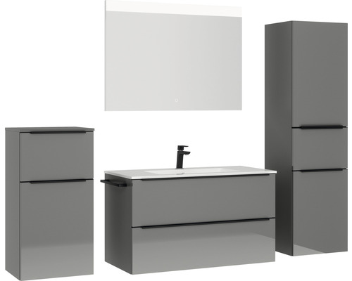 Graues Badezimmer-Set mit Waschtischunterschrank, Spiegelschrank und Hochschrank