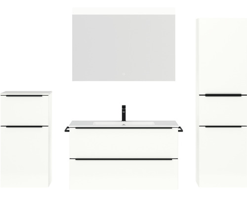 Set de meubles de salle de bains NOBILIA Programm 1 lxhxp 210 x 169,1 x 48,7 cm couleur de façade blanc haute brillance avec meuble à vasque blanc et miroir avec éclairage LED armoire midi meuble bas barre de prise noir 107