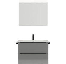 Badmöbel-Set NOBILIA Programm 1 BxHxT 81 x 169,1 x 48,7 cm Frontfarbe grau hochglanz mit Möbel-Waschtisch weiß und Spiegel mit LED-Beleuchtung Griffleiste schwarz 053