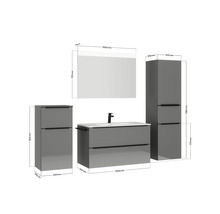 Badmöbel-Set NOBILIA Programm 1 BxHxT 210 x 169,1 x 48,7 cm Frontfarbe grau hochglanz mit Möbel-Waschtisch weiß und Spiegel mit LED-Beleuchtung Midischrank Unterschrank Griffleiste schwarz 109