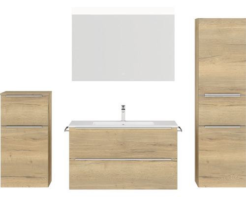 Set de meubles de salle de bains NOBILIA Programm 1 lxhxp 210 x 169,1 x 48,7 cm couleur de façade chêne naturel avec vasque pour meuble blanc et miroir avec éclairage LED armoire midi meuble bas barre de prise chrome mat 110