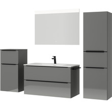 Badmöbel-Set NOBILIA Programm 1 BxHxT 210 x 169,1 x 48,7 cm Frontfarbe grau hochglanz mit Möbel-Waschtisch weiß und Spiegel mit LED-Beleuchtung Midischrank Unterschrank Griffleiste schwarz 109