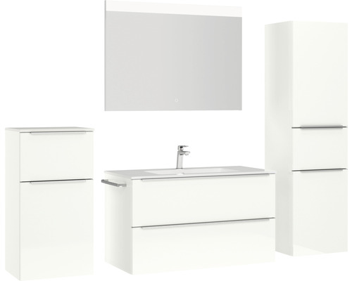 Ensemble de salle de bains avec meuble-lavabo, armoire de toilette et armoire haute pour un aménagement de salle de bains élégant