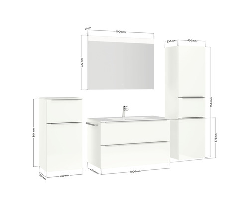 Image d''un ensemble de salle de bains avec meuble-lavabo, armoire de toilette et armoires hautes avec indications de dimensions