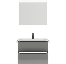 Badmöbel-Set NOBILIA Programm 1 BxHxT 81 x 169,1 x 48,7 cm Frontfarbe grau hochglanz mit Möbel-Waschtisch weiß und Spiegel mit LED-Beleuchtung Griffleiste schwarz 053