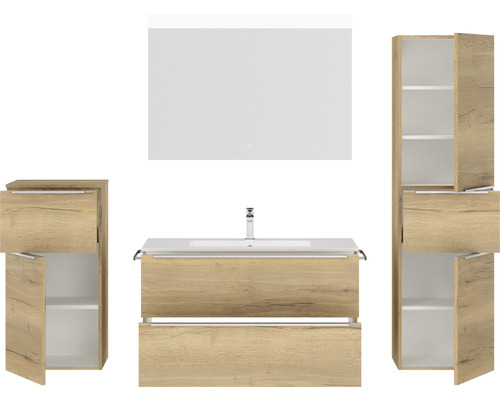 Badezimmermöbel Set mit Waschbecken, Spiegelschrank und Hochschränken im modernen Design