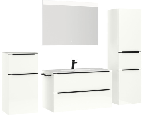 Weißes Badezimmermöbelset mit Spiegelschrank, Waschtischunterschrank und Hochschrank