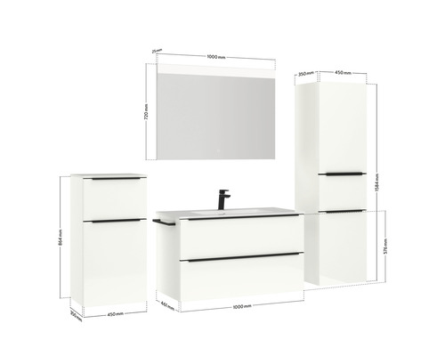Waschtisch mit Spiegelschrank und Unterschränken mit Maßangaben