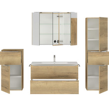 Badmöbel-Set NOBILIA Programm 1 BxHxT 210 x 169,1 x 48,7 cm Frontfarbe eiche natur mit Möbel-Waschtisch und Spiegelschrank 3-türig mit LED-Beleuchtung Unterschrank Midischrank Griffleiste chrom matt 118