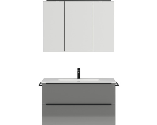 Badmöbel-Set NOBILIA Programm 1 BxHxT 101 x 169,1 x 48,7 cm Frontfarbe grau hochglanz mit Möbel-Waschtisch und Spiegelschrank 3-türig mit LED-Beleuchtung Griffleiste schwarz 101