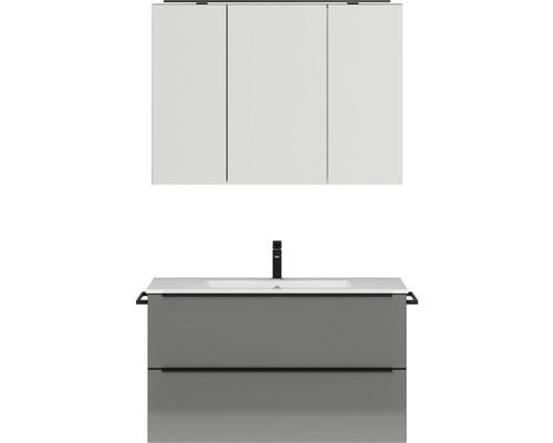 Badmöbel-Set NOBILIA Programm 1 BxHxT 101 x 169,1 x 48,7 cm Frontfarbe grau hochglanz mit Möbel-Waschtisch und Spiegelschrank 3-türig mit LED-Beleuchtung Griffleiste schwarz 101