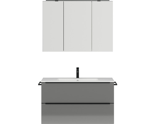 Set de meubles de salle de bains NOBILIA Programm 1 lxhxp 101 x 169,1 x 48,7 cm couleur de façade gris haute brillance avec meuble à vasque et armoire de toilette à 3 portes avec éclairage LED barre de prise noir 101