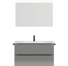 Badmöbel-Set NOBILIA Programm 1 BxHxT 101 x 169,1 x 48,7 cm Frontfarbe grau hochglanz mit Möbel-Waschtisch weiß und Spiegel mit LED-Beleuchtung Griffleiste schwarz 093