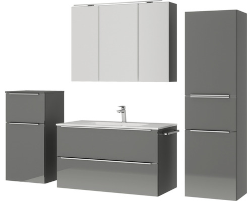 Graues Badezimmermöbelset mit Waschtisch, Waschbecken, Spiegelschrank und Hochschrank für eine moderne Badezimmereinrichtung.