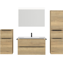 Badmöbel-Set NOBILIA Programm 1 BxHxT 210 x 169,1 x 48,7 cm Frontfarbe eiche natur mit Möbel-Waschtisch weiß und Spiegel mit LED-Beleuchtung Midischrank Unterschrank Griffleiste schwarz 111