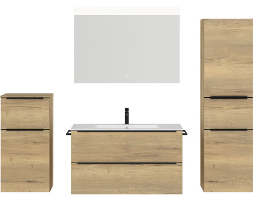 Set de meubles de salle de bains NOBILIA Programm 1 lxhxp 210 x 169,1 x 48,7 cm couleur de façade chêne naturel avec meuble à vasque blanc et miroir avec éclairage LED armoire midi meuble bas barre de prise noir 111