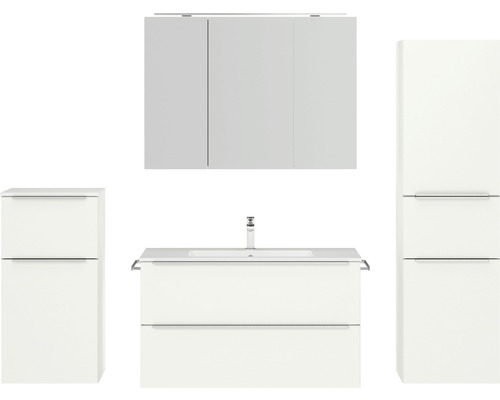 Set de meubles de salle de bains NOBILIA Programm 1 lxhxp 210 x 169,1 x 48,7 cm couleur de façade blanc mat avec meuble à vasque et armoire de toilette à 3 portes avec éclairage LED meuble bas armoire midi barre de prise chrome mat 112