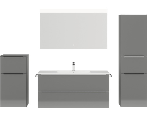 Badmöbel-Set NOBILIA Programm 1 BxHxT 230 x 169,1 x 48,7 cm Frontfarbe grau hochglanz mit Möbel-Waschtisch weiß und Spiegel mit LED-Beleuchtung Midischrank Unterschrank Griffleiste chrom matt 148 Badezimmer Set mit Waschtischunterschrank, Spiegelschrank und Hochschrank