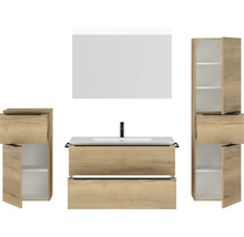 Badmöbel-Set NOBILIA Programm 1 BxHxT 210 x 169,1 x 48,7 cm Frontfarbe eiche natur mit Möbel-Waschtisch weiß und Spiegel mit LED-Beleuchtung Midischrank Unterschrank Griffleiste schwarz 111