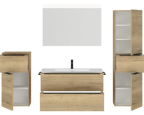 Ensemble de salle de bains avec lavabo, armoire de toilette et armoire haute aspect bois