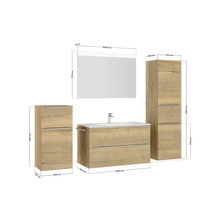 Badmöbel-Set NOBILIA Programm 1 BxHxT 210 x 169,1 x 48,7 cm Frontfarbe eiche natur mit Möbel-Waschtisch weiß und Spiegel mit LED-Beleuchtung Midischrank Unterschrank Griffleiste chrom matt 110