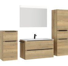 Badmöbel-Set NOBILIA Programm 1 BxHxT 210 x 169,1 x 48,7 cm Frontfarbe eiche natur mit Möbel-Waschtisch weiß und Spiegel mit LED-Beleuchtung Midischrank Unterschrank Griffleiste schwarz 111