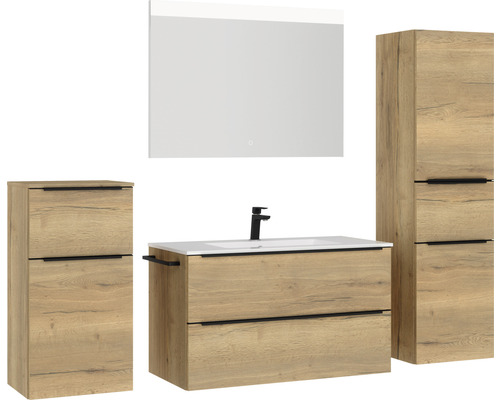 Ensemble complet de salle de bains avec meuble-lavabo, armoire de toilette et armoire haute en aspect bois