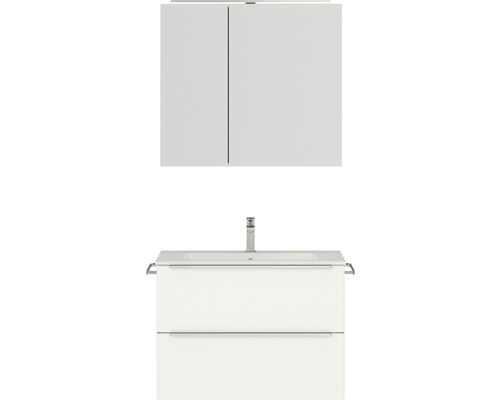 Set de meubles de salle de bains NOBILIA Programm 1 lxhxp 81 x 169,1 x 48,7 cm couleur de façade blanc mat avec meuble à vasque et armoire de toilette à 2 portes avec éclairage LED barre de prise chrome mat 056