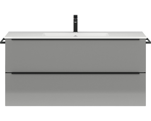 Badmöbel-Set NOBILIA Programm 1 125 BxHxT 121 x 59,1 x 48,7 cm Frontfarbe grau hochglanz mit Möbel-Waschtisch Griffleiste schwarz 125 Waschtischunterschrank mit zwei Schubladen, Waschtisch und Armatur