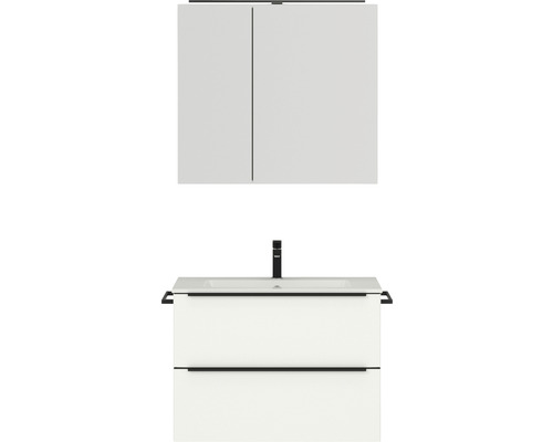 Badmöbel-Set NOBILIA Programm 1 BxHxT 81 x 169,1 x 48,7 cm Frontfarbe weiß matt mit Möbel-Waschtisch und Spiegelschrank 2-türig mit LED-Beleuchtung Griffleiste schwarz 057