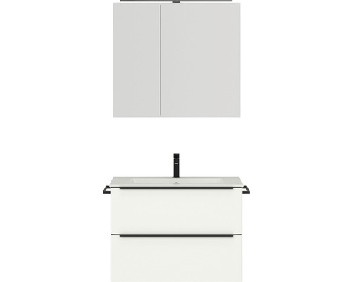 Badmöbel-Set NOBILIA Programm 1 BxHxT 81 x 169,1 x 48,7 cm Frontfarbe weiß matt mit Möbel-Waschtisch und Spiegelschrank 2-türig mit LED-Beleuchtung Griffleiste schwarz 057 Waschbeckenunterschrank mit Spiegelschrank für das Badezimmer