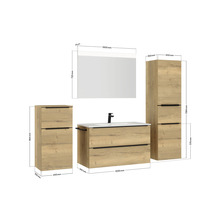 Badmöbel-Set NOBILIA Programm 1 BxHxT 210 x 169,1 x 48,7 cm Frontfarbe eiche natur mit Möbel-Waschtisch weiß und Spiegel mit LED-Beleuchtung Midischrank Unterschrank Griffleiste schwarz 111