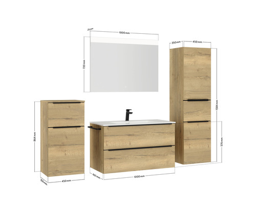 Ensemble de salle de bains avec lavabo, armoire de toilette et armoire latérale avec dimensions