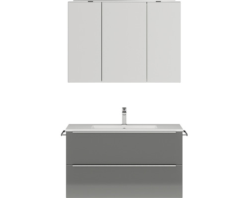 Set de meubles de salle de bains NOBILIA Programm 1 lxhxp 101 x 169,1 x 48,7 cm couleur de façade gris haute brillance avec vasque pour meuble et armoire de toilette à 3 portes avec éclairage LED barre de prise chrome mat 100