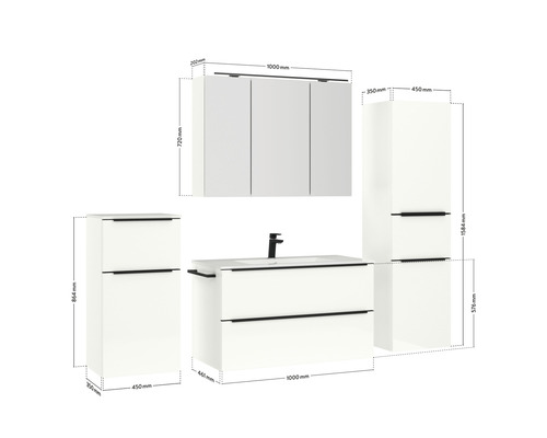 Badezimmermöbelset mit Waschtischunterschrank, Waschbecken, Spiegelschrank und Hochschrank mit Maßangaben