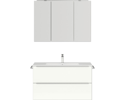 Set de meubles de salle de bains NOBILIA Programm 1 lxhxp 101 x 169,1 x 48,7 cm couleur de façade blanc haute brillance avec meuble à vasque et armoire de toilette à 3 portes avec éclairage LED barre de prise chrome mat 098