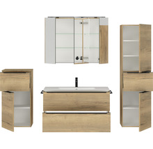 Badmöbel-Set NOBILIA Programm 1 BxHxT 210 x 169,1 x 48,7 cm Frontfarbe eiche natur mit Möbel-Waschtisch und Spiegelschrank 3-türig mit LED-Beleuchtung Unterschrank Midischrank Griffleiste schwarz 119