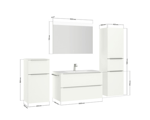 Badmöbelset mit Waschtischunterschrank, Spiegelschrank, Hochschrank und Seitenregal mit Maßangaben