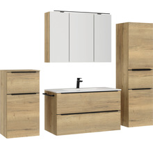 Badmöbel-Set NOBILIA Programm 1 BxHxT 210 x 169,1 x 48,7 cm Frontfarbe eiche natur mit Möbel-Waschtisch und Spiegelschrank 3-türig mit LED-Beleuchtung Unterschrank Midischrank Griffleiste schwarz 119
