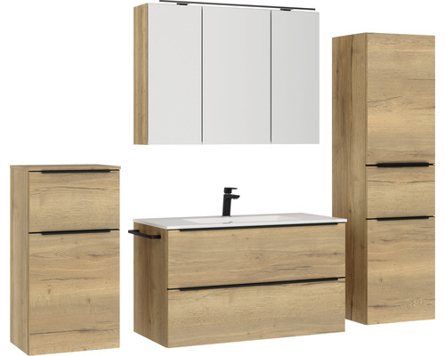 Badezimmer-Set mit Waschtisch, Waschbecken, Spiegelschrank und Hochschrank