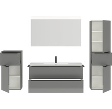 Badmöbel-Set NOBILIA Programm 1 BxHxT 230 x 169,1 x 48,7 cm Frontfarbe grau hochglanz mit Möbel-Waschtisch weiß und Spiegel mit LED-Beleuchtung Midischrank Unterschrank Griffleiste schwarz 149