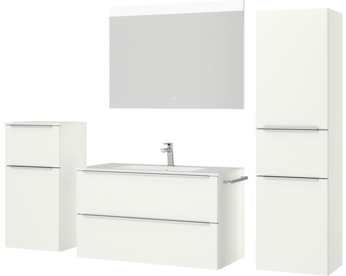 Weißes Badezimmermöbelset mit Waschtisch, Spiegelschrank und Hochschrank