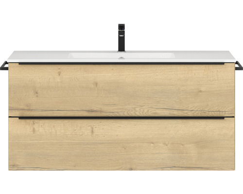 Badmöbel-Set NOBILIA Programm 1 BxHxT 121 x 59,1 x 48,7 cm Frontfarbe eiche natur mit Möbel-Waschtisch weiß Griffleiste schwarz 127 Waschtisch mit zwei Schubladen und Armatur